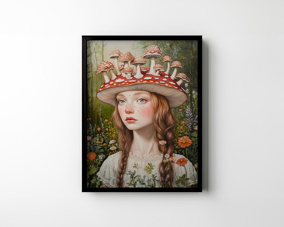 Mushroom Hat Girl Red Hair Forest Whimsical Cottagecore Fantasy Poster - Image 2