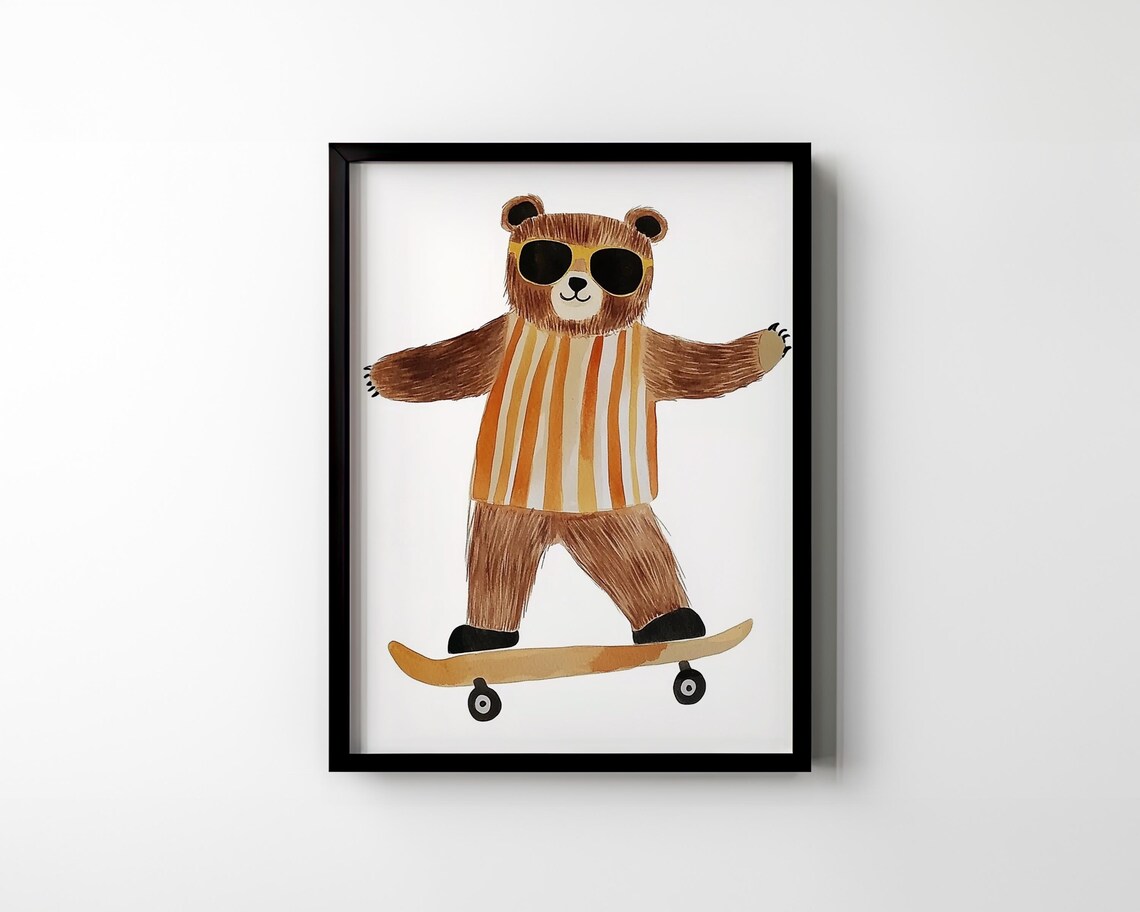 Bear Skater With Sunglasses Striped Shirt Kids Nursery Room Art Poster - Image 2