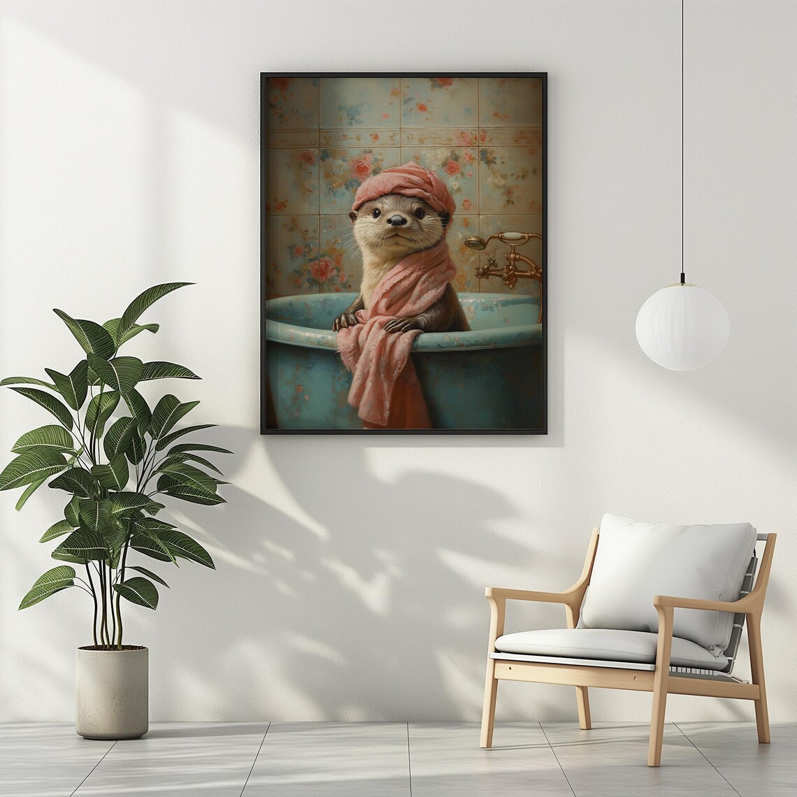 Otter In Bathtub Vintage Floral Oil Painting - Image 3