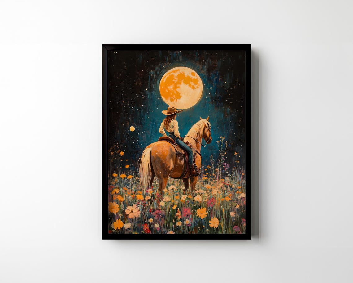 Cowgirl Riding Horse In A Field Of Wildflowers Celestial Wall Art Moon Wall Decor Boho Art Deco Oil Painting Western Poster - Image 2