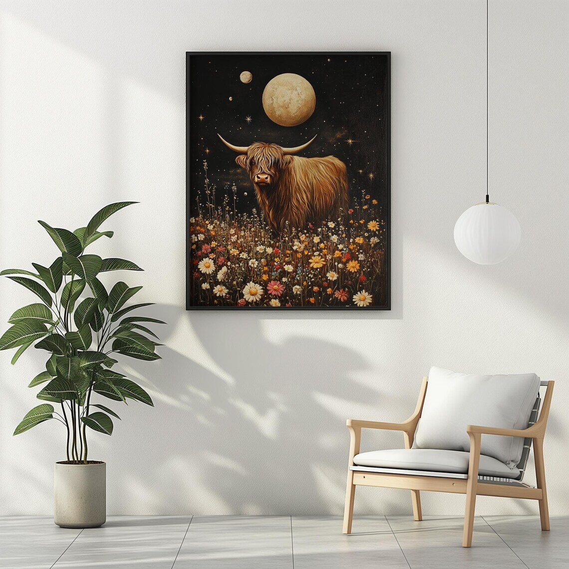 Highland Cow Wildflowers Celestial Boho Western Art Print - Image 2