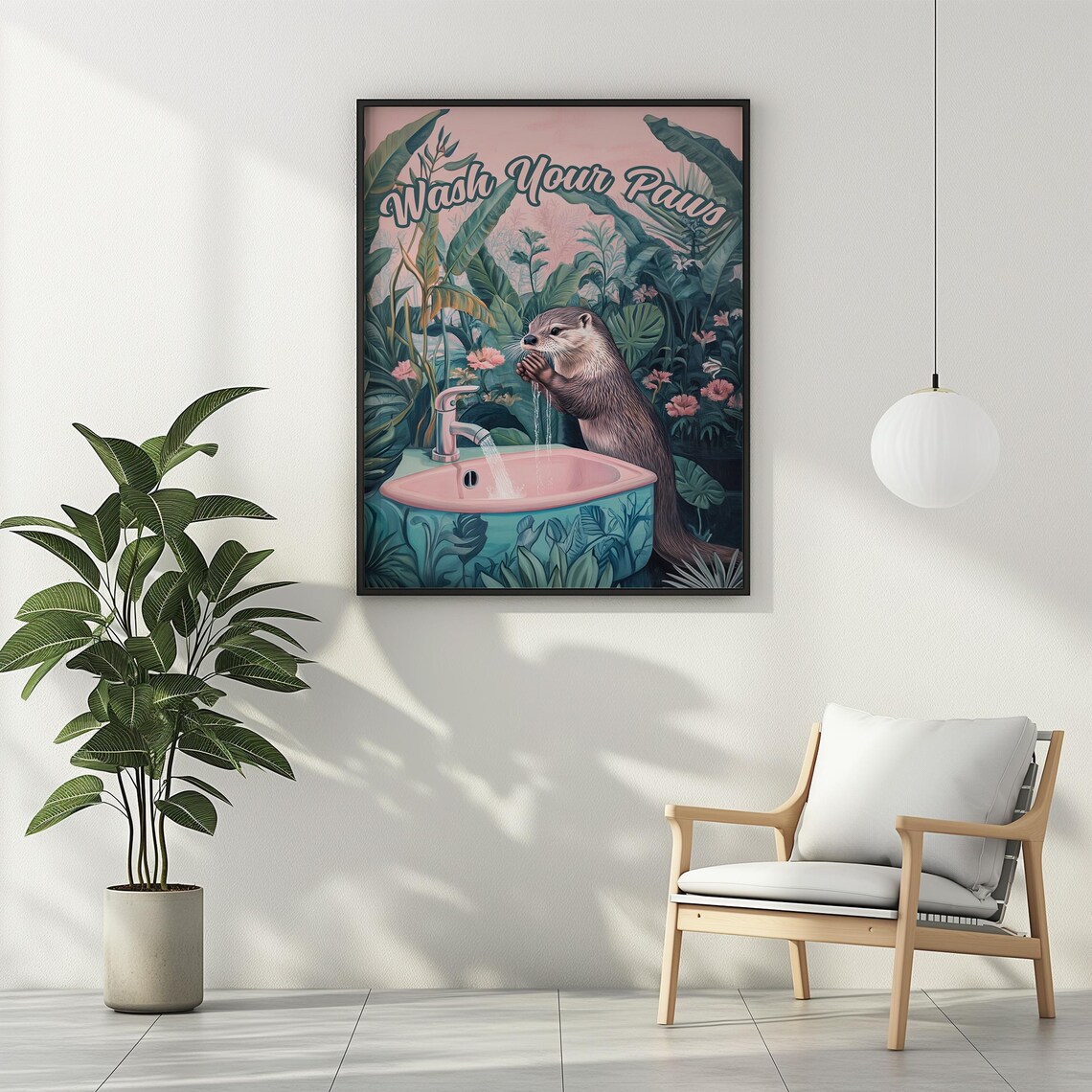 Wash Your Paws Otter Pink Sink Funny Tropical Bathroom Wall Art - Image 2