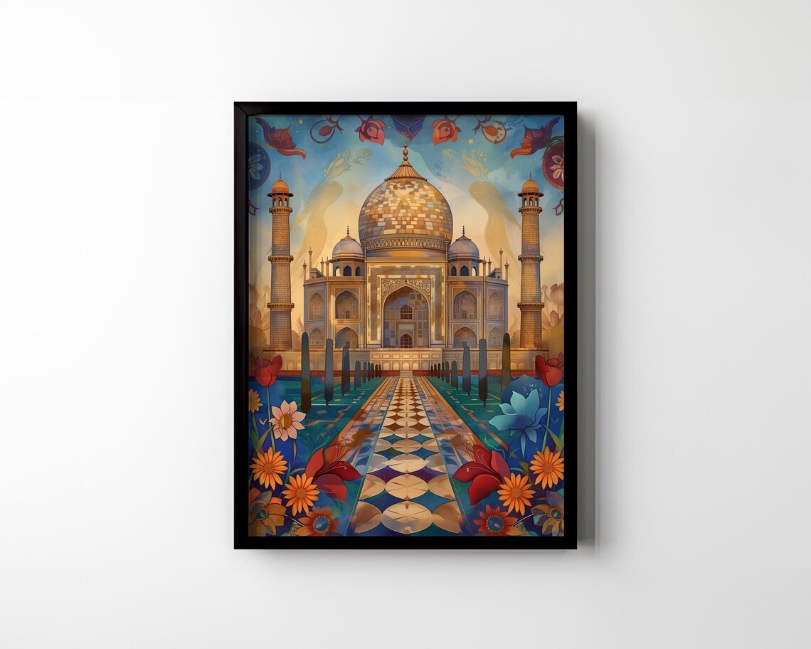 Taj Mahal Colorful Mosaic Illustration Floral Travel Art Poster - Image 2