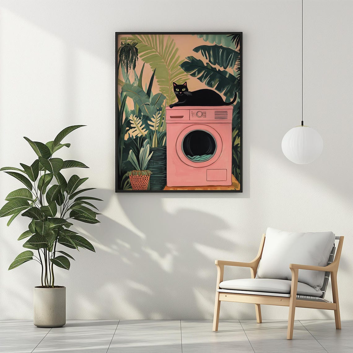 Black Cat Lounging on a Pink Washing Machine Tropical Laundry Poster - Image 2