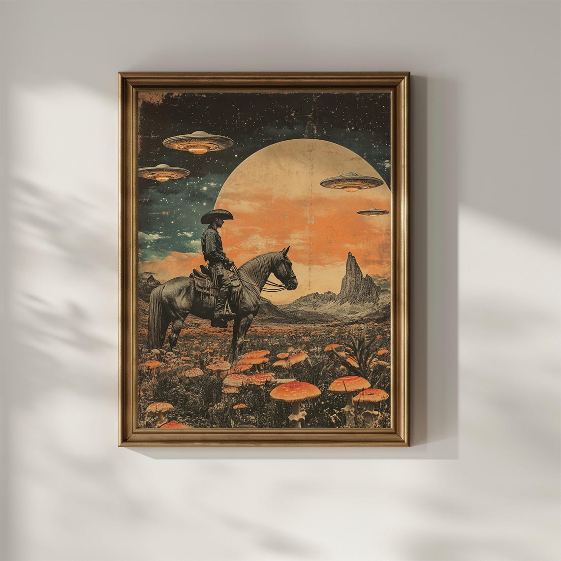 Surreal Cowboy On Horse In Mushroom Field With UFOs Moon Poster - Image 2