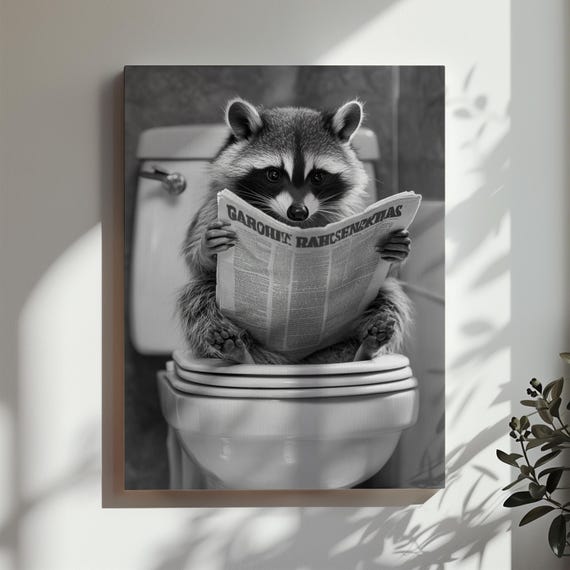 Raccoon Toilet Print Funny Animal Bathroom Wall Art Black White Photo Raccoon Lover Gift Bathroom Restroom Wall Art Matte