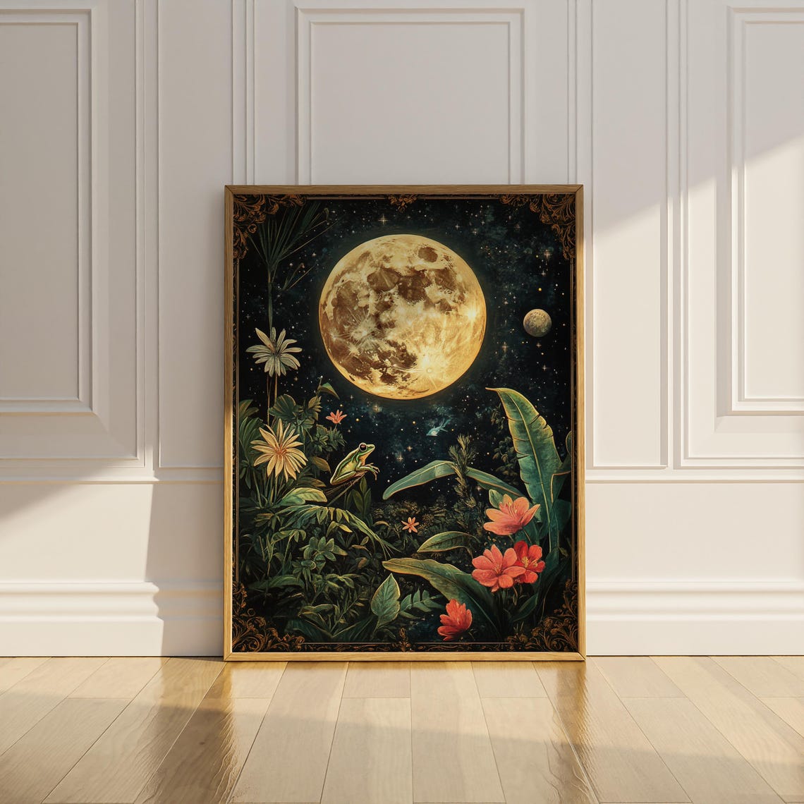 Golden Full Moon over Dark Jungle with Frog Celestial Night Art Poster - Image 3
