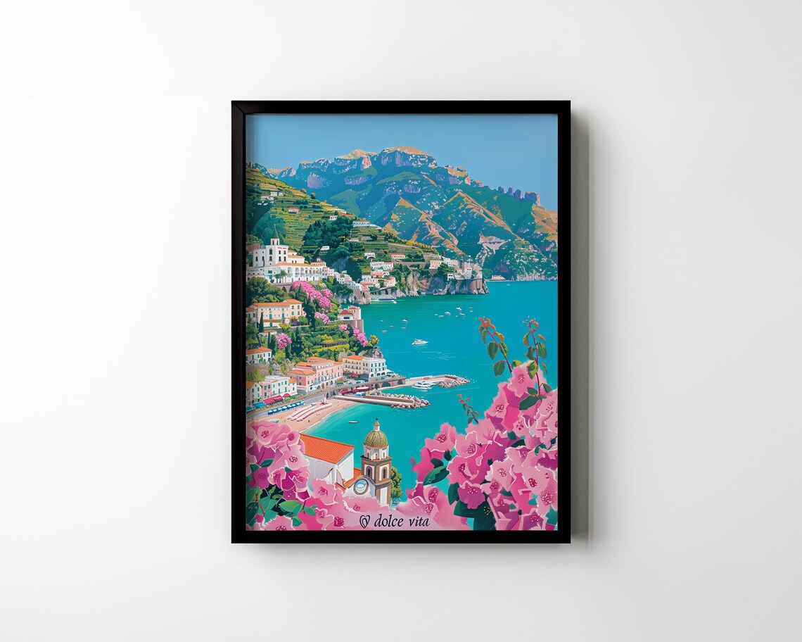 Dolce Vita Amalfi Coast Italy Travel Poster Pink Bougainvillea - Image 3