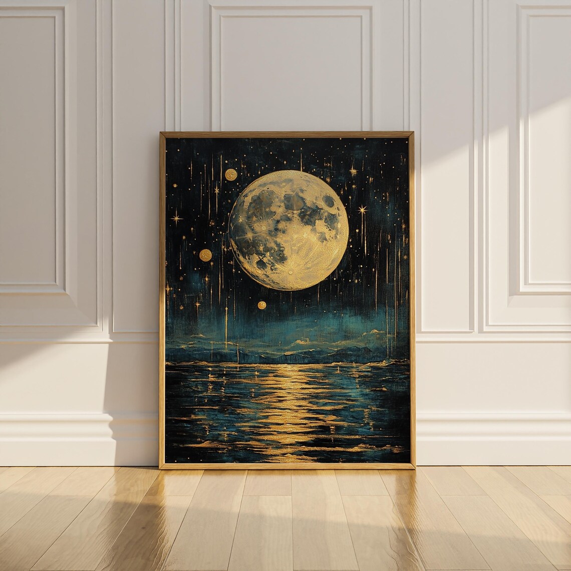 Golden Full Moon Over Ocean Starry Night Celestial Oil Painting Poster - Image 3