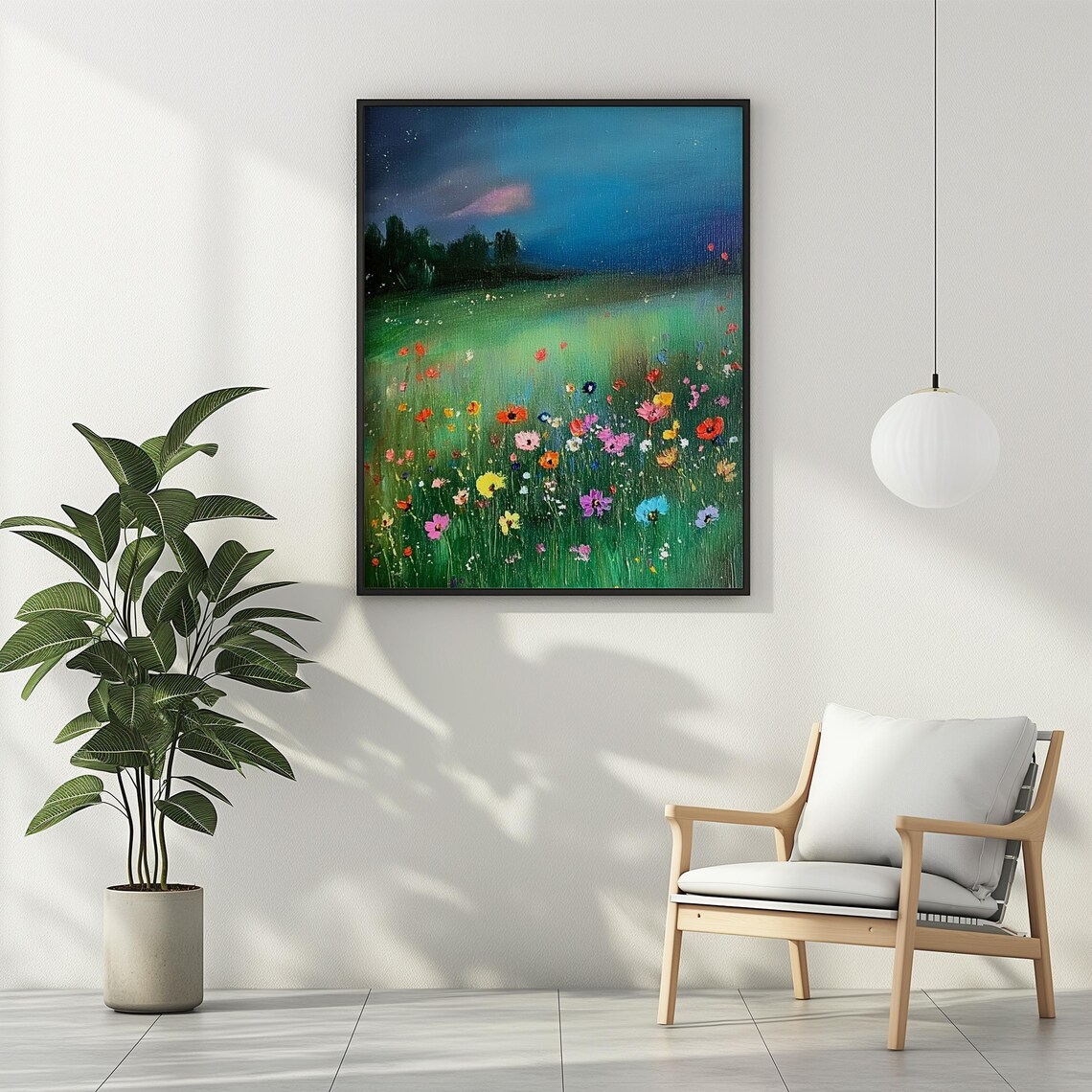 Moonlit Wildflower Meadow Night Sky Teal Vintage Oil Painting Poster - Image 3