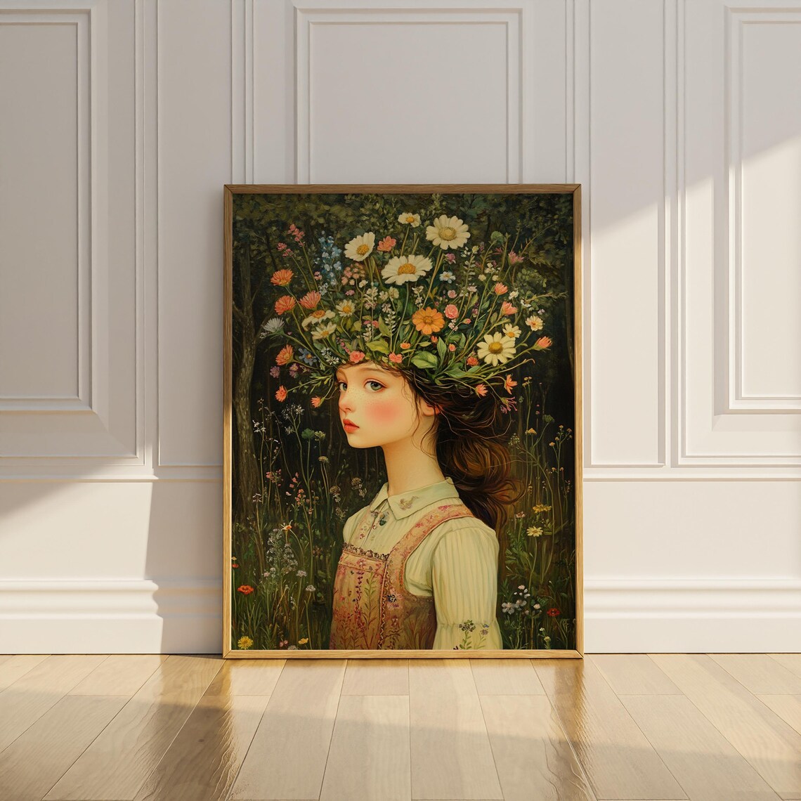 Whimsical Flower Girl Wildflower Crown Cottagecore Forest Oil Poster - Image 3
