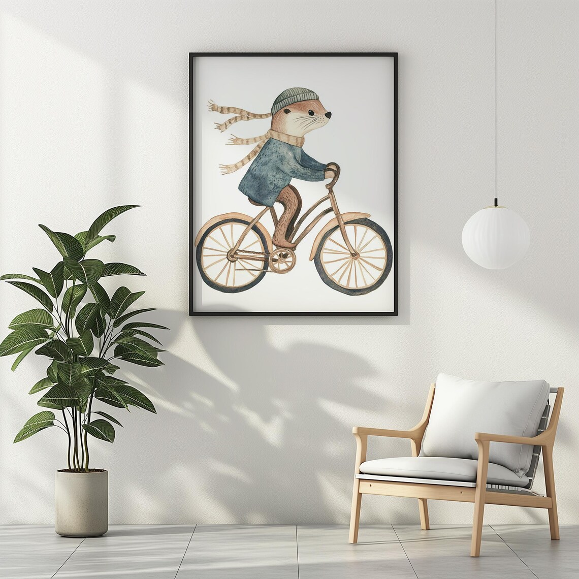 Otter With Beanie Riding Bicycle Watercolor Kids Nursery Room Art Poster - Image 2