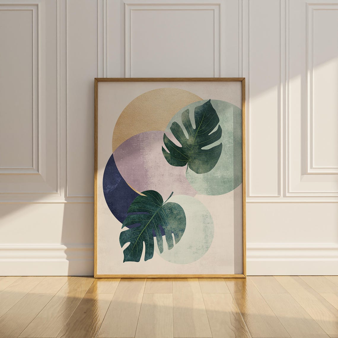 Monstera Leaves and Pastel Circles Modern Tropical Botanical Poster - Image 2