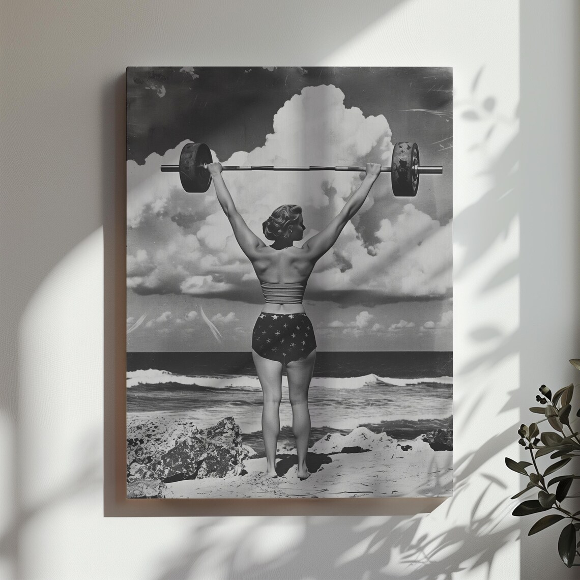 Strong Woman Weightlifting Vintage Black and White Beach Photo Poster - Image 2