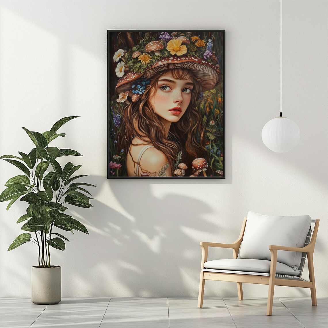 Girl in Mushroom Cap Floral Hat Enchanted Forest Whimsical Art Poster - Image 2