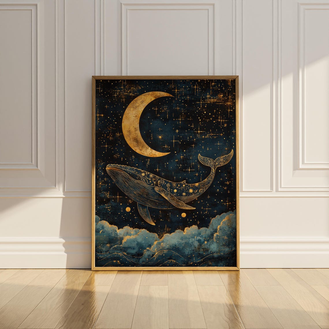 Celestial Whale Swimming in Night Sky Gold Crescent Moon Wall Art - Image 3