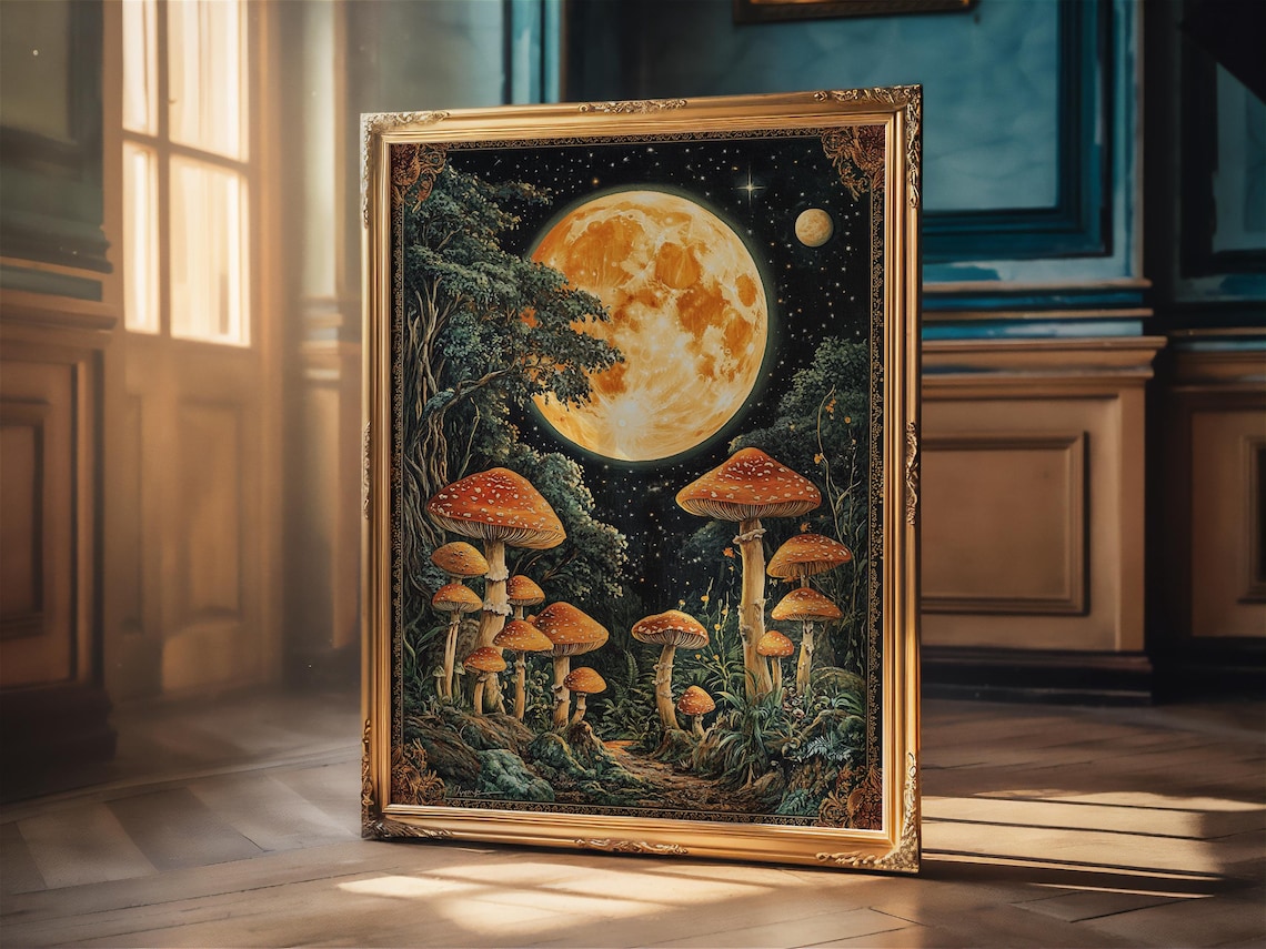 Celestial Mushrooms Art Print, Dark Academia Vintage - Image 3
