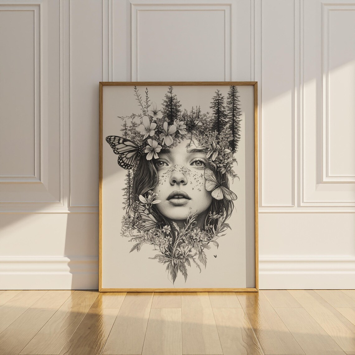 Forest Girl with Butterflies Botanical Ink Portrait Art Poster - Image 2