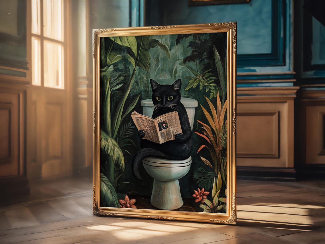 Black Cat Reading Newspaper on Toilet Emerald Jungle Bathroom Poster - Image 2