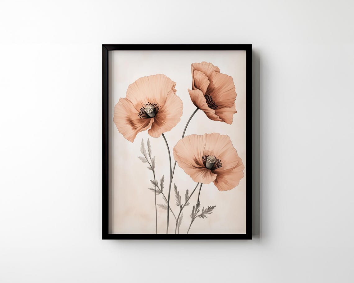 Minimalist Blush Poppies Trio Cream Japandi Botanical Art Poster - Image 2
