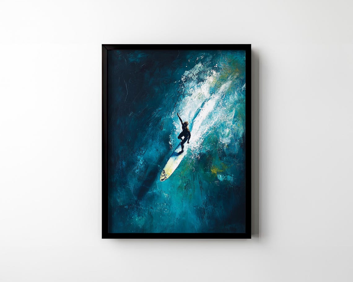 Surfer Riding Giant Wave Aerial Ocean Painting Deep Blue Poster - Image 3