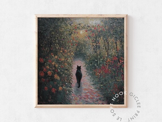 Black Cat Rose Garden Path Moody Impressionist Animal Poster