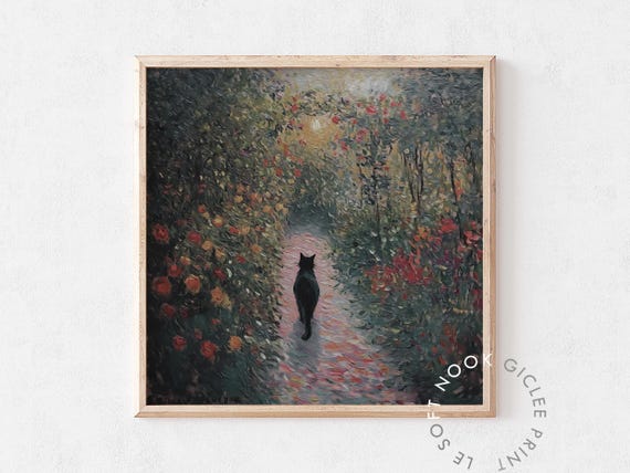 Ethereal Garden Cat Print Moody Black Cat Wall Art Light Academia Cottagecore Decor Dreamy Botanical Garden Aesthetic Feline Poster