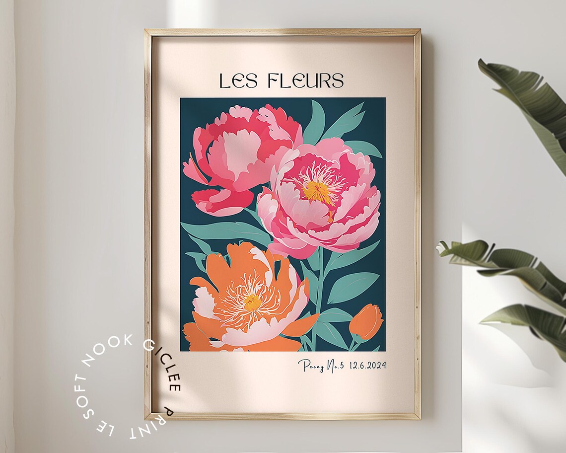 Les Fleurs Peony Pair With Orange Bloom Navy French Floral Poster