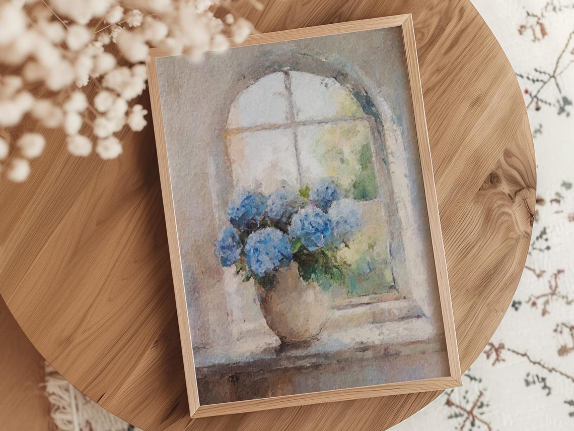 Blue Hydrangea Beige Vase Window Sill Watercolor Still Life Poster - Image 3
