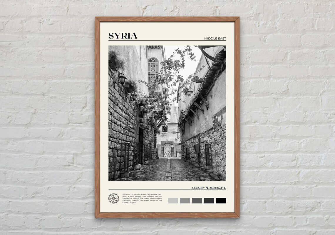 Black and White Syria Travel Poster, Middle East