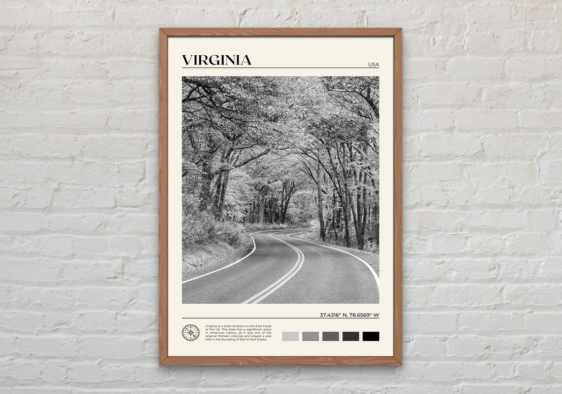 Virginia Travel Poster, Black and White State Art