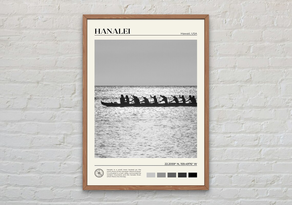Hanalei Black and White Travel Poster, Hawaii Art Print