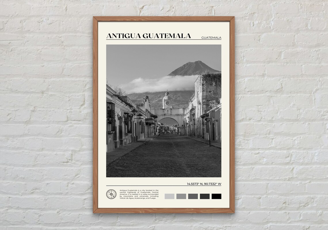 Antigua Guatemala Colonial Street Volcano Behind Black and White Travel Poster