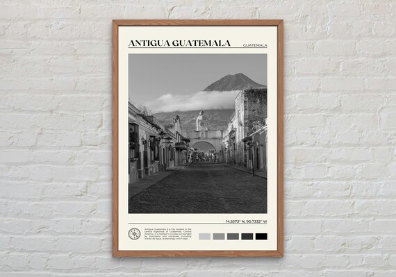 Antigua Guatemala Colonial Street Volcano Behind Black and White Travel Poster