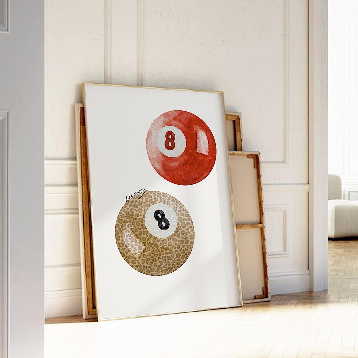 Lucky Leopard and Red Watercolor Eight Ball Game Room Trendy Poster - Image 5