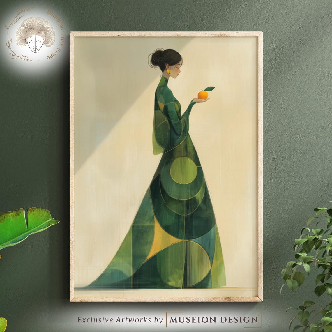 Boho Woman Art Print Green Dress Abstract Geometric Design