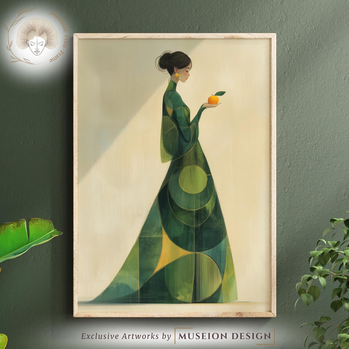 Boho Woman Green Dress Holding Orange Geometric Elegant Art Poster