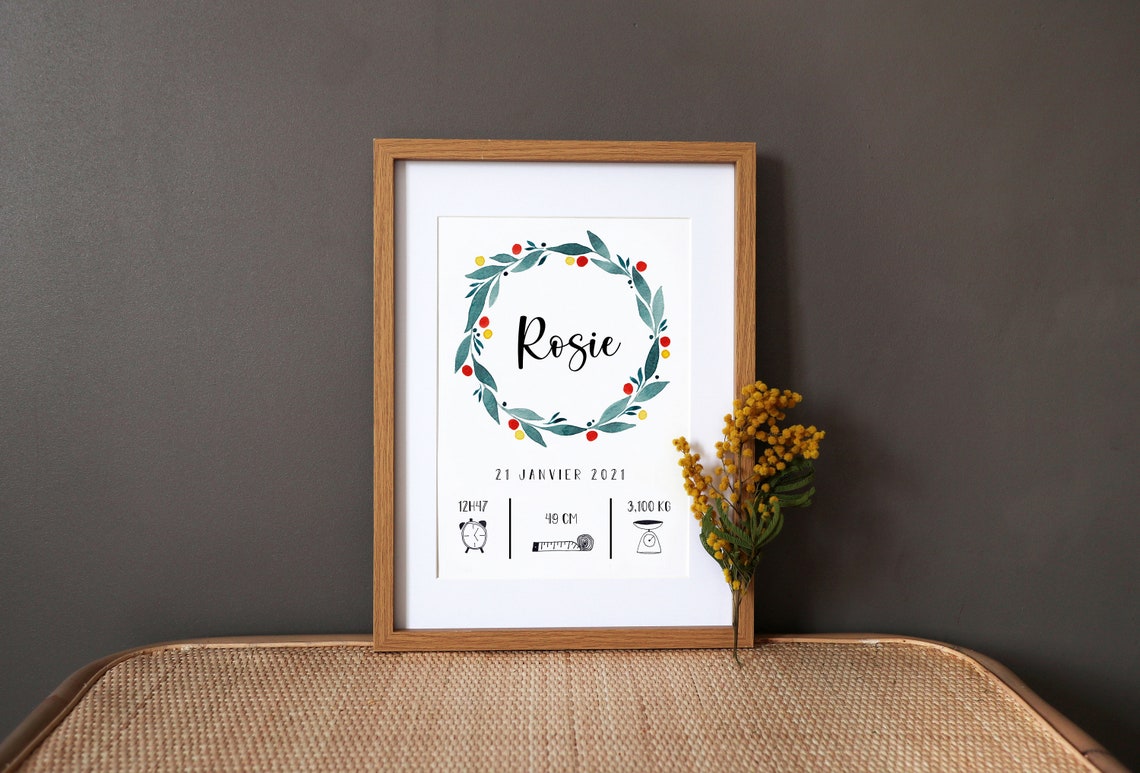 Personalized Floral Wreath Baby Birth Stats Nursery Keepsake Poster