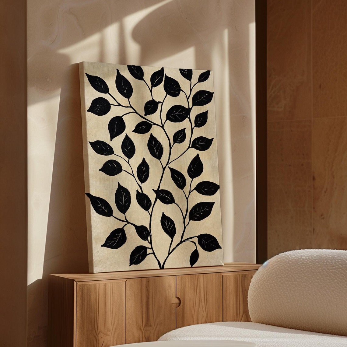 Minimalist Black Leaf Branch Artwork With Bold Contrast And Elegant Lines On A Neutral Textured Background For Modern Interiors