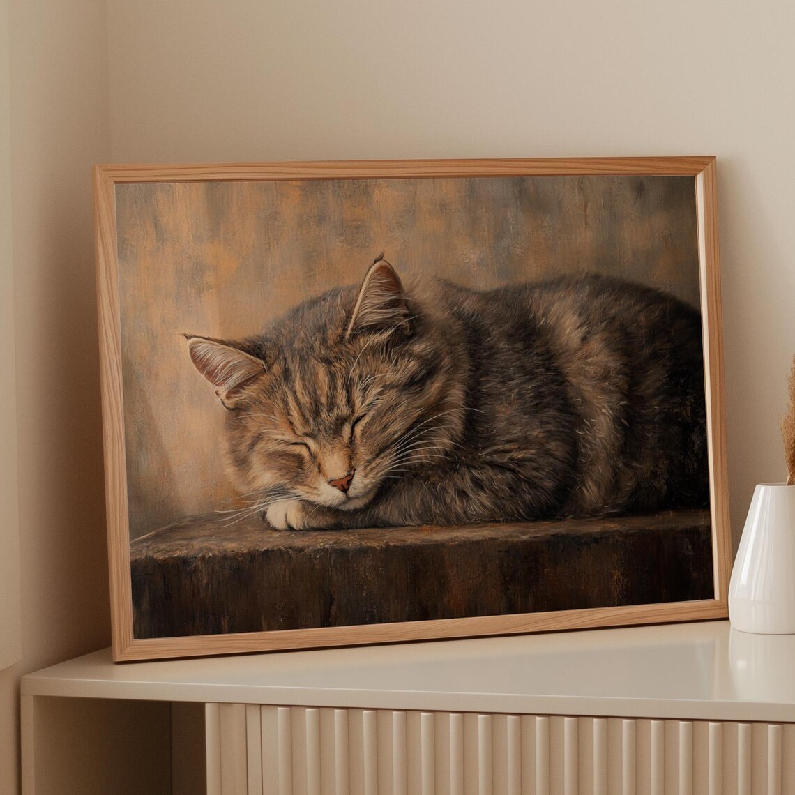 Sleeping Cat Painting, Rustic Pet Decor