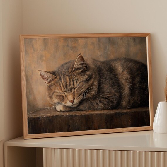 Sleeping Cat Painting, Rustic Pet Decor