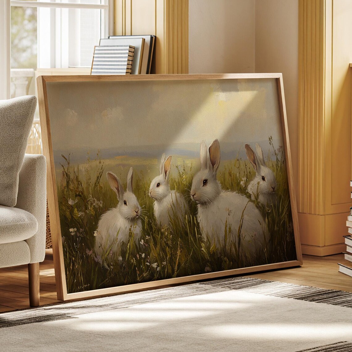 Four White Rabbits In Sunny Meadow Grass Cottagecore Bunny Art Poster