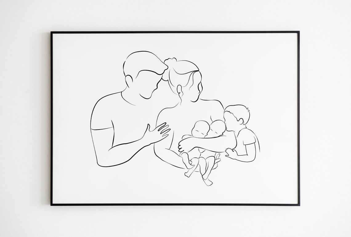 Mom Dad Son and Twins Line Art Newborn Family Minimalist Poster