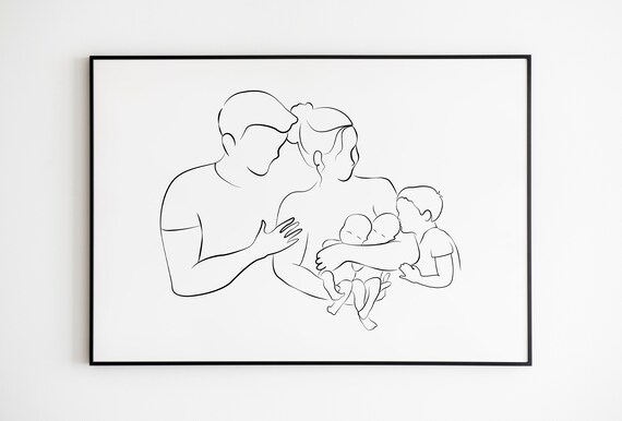 Mom Dad Son and Twins Line Art Newborn Family Minimalist Poster