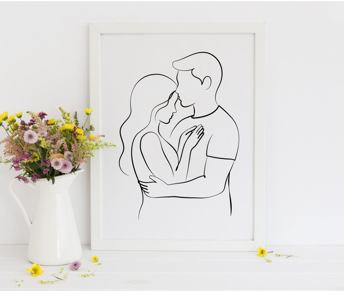 Minimalist Line Drawing of a Couple Embracing Romantic Wall Art - Image 2