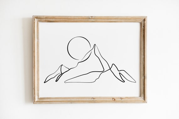Mountain And Sun Line Art Minimalist Landscape Print Sketch Nature Home Decor Wall