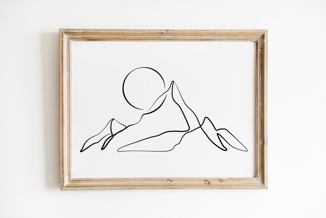 Mountain and Sun One Line Art Minimalist Landscape Sketch Print