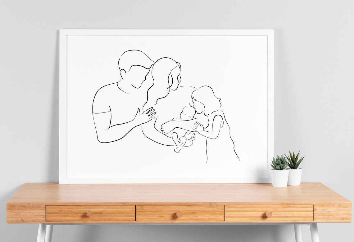 Family of Four Line Art Mom Dad Sister Newborn Baby Minimalist Poster - Image 3
