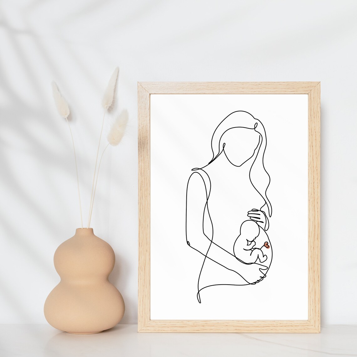 Pregnant Woman Baby in Belly Line Art Expectant Mother Heart Print - Image 2