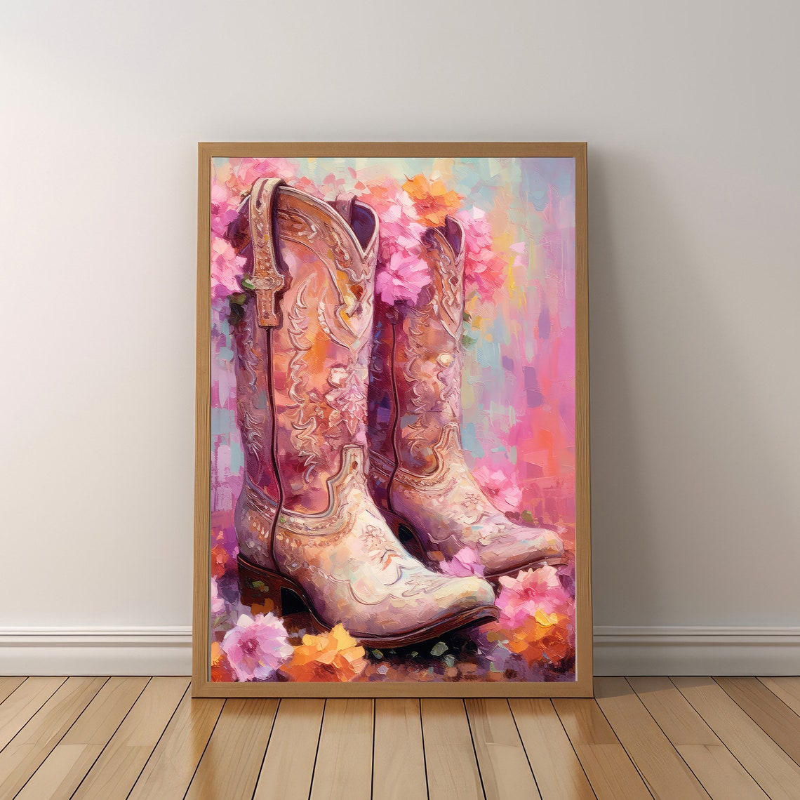 Embossed Tan Cowboy Boots Among Pink Flowers Western Art Poster - Image 6